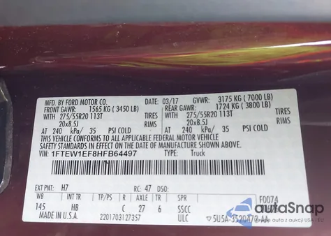 2017 Ford F-150 Lariat z USA, uszkodzony, nr VIN 1FTEW1EF8HFB64497